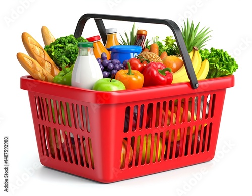 Red Shopping Basket Filled with Fresh Groceries Fruits, Vegetables, Bread, and Drinks