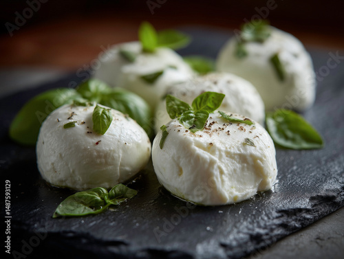 Gustosa mozzarella fresca con basilico su ardesia nera