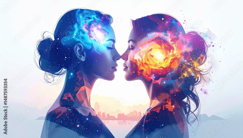 Fototapeta premium Two Women Silhouettes with Cosmic and Colorful Elements Representing Connection, Mindfulness, Imagination, and Emotional Depth in Artistic Composition