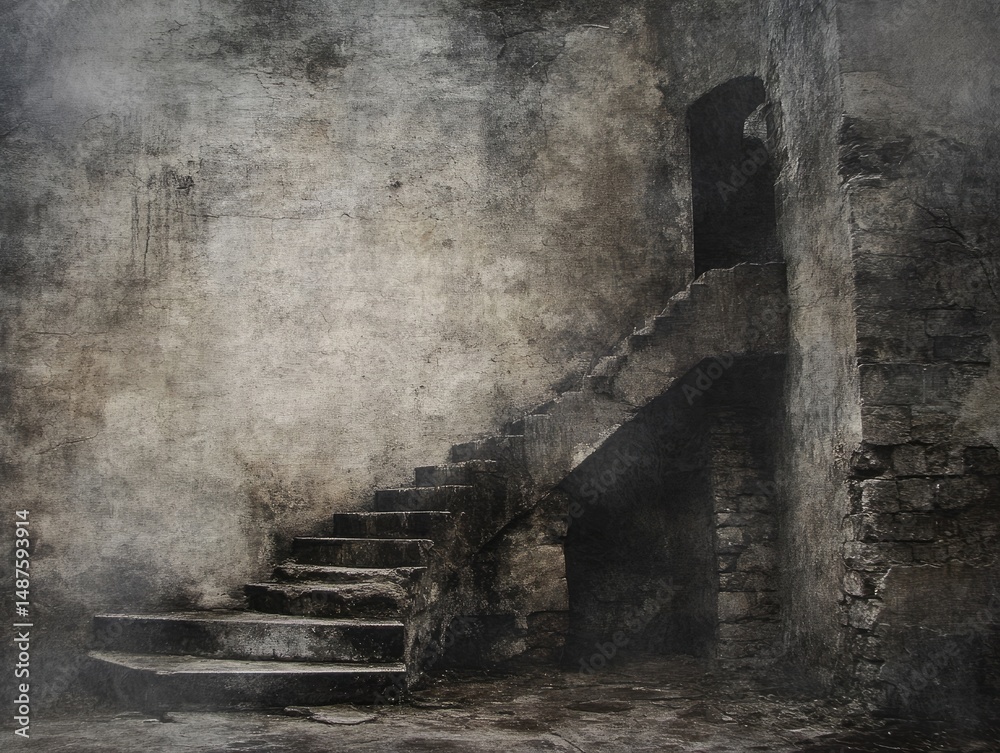 Fototapeta premium A weathered stone staircase descends into a dimly lit interior.