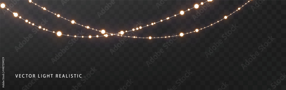 Christmas lights garland isolated on dark background. Glowing lamp light with sparkles. Christmas, New Year, wedding or Birthday decorations
