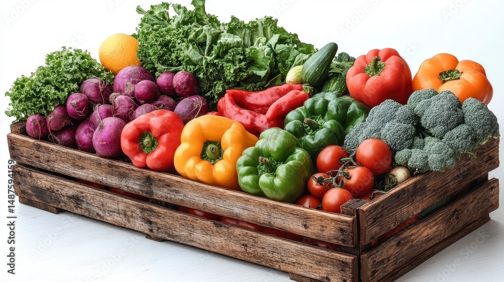 Fresh produce in a wooden crate, colorful peppers and vegetables on display Fresh produce in a wooden crate, colorful peppers and vegetables on display