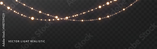 Christmas lights garland isolated on dark background. Glowing lamp light with sparkles. Christmas, New Year, wedding or Birthday decorations