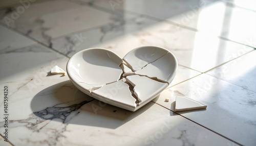 Broken Porcelain Heart on Marble Floor – Symbolic Concept of Heartbreak and Fragility