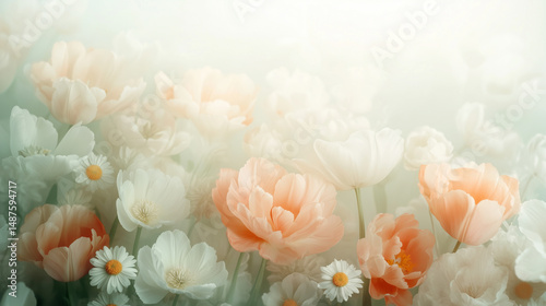 Colorful floral garden filled with soft blooms in pastel shades during a serene spring morning