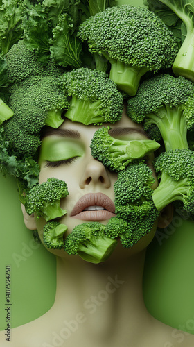 Young woman with broccoli headpiece for natural skincare concept  
