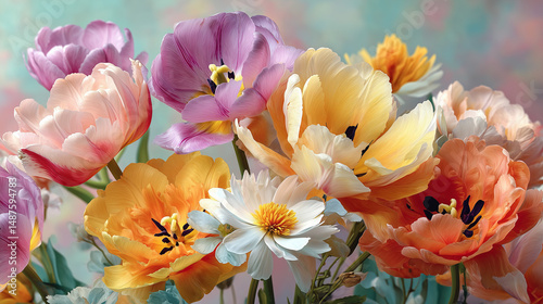 Colorful spring flowers in a vibrant bouquet arranged for cheerful decoration indoors