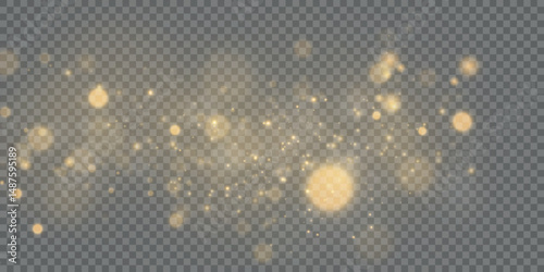 Magical golden cloud of glitter dust. Fine, shiny bokeh glitter particles and fine bright dust. Christmas golden glow effect on transparent PNG background.