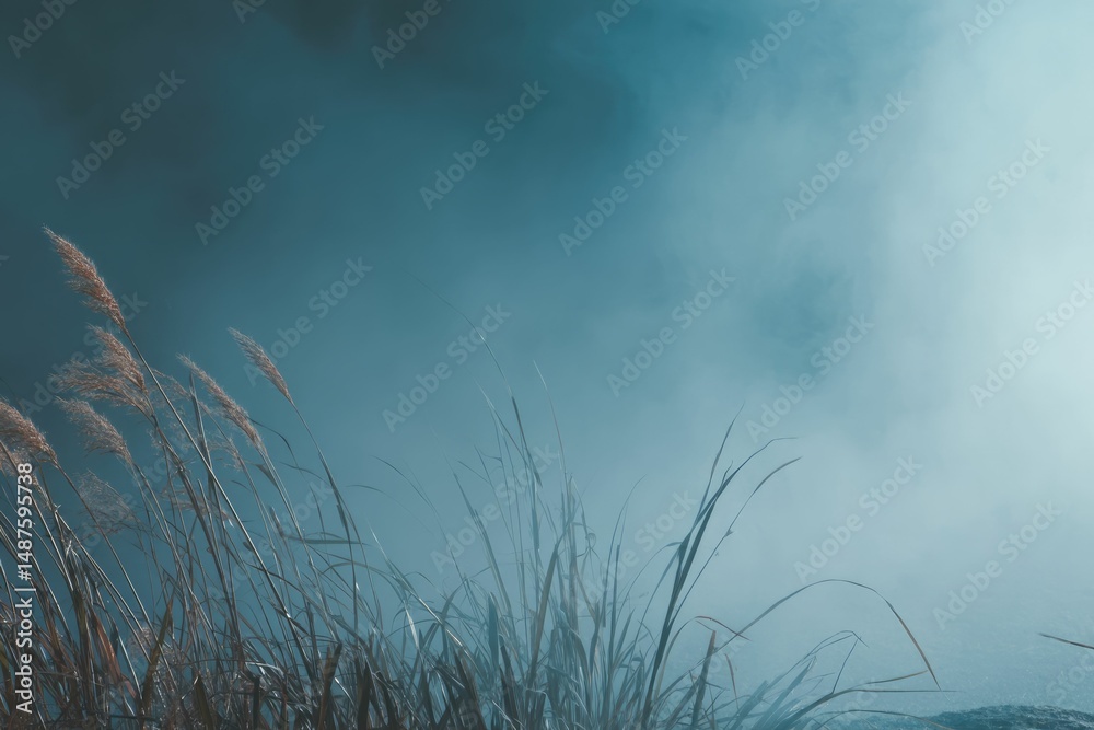 Obraz premium Misty Meadow: Serene Grasses in a Dreamlike Blue Haze