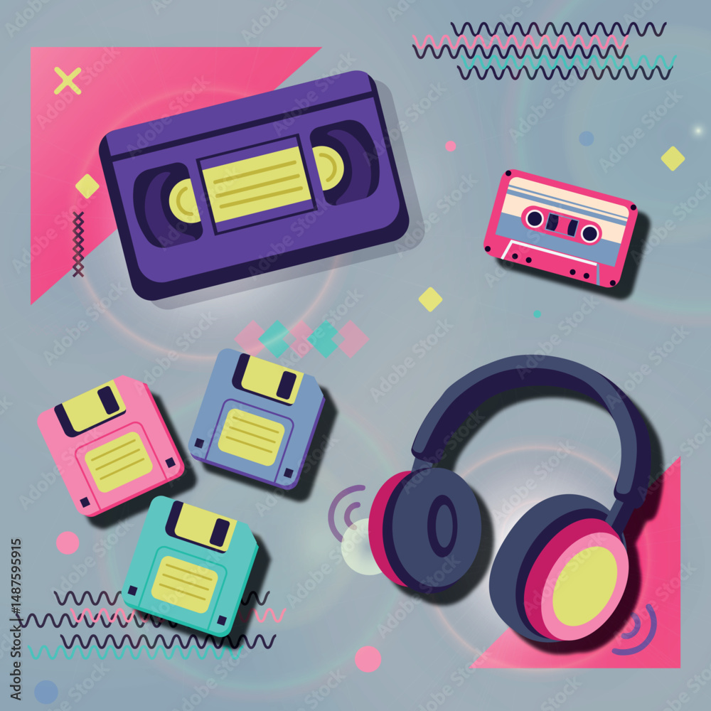 Vinyl, cds, 90 cliparts, stickers, auriculares, casettes, casetes, VHS, videogaem, joystick, walkmann, tocadiscos, disquete, decoracion de musica