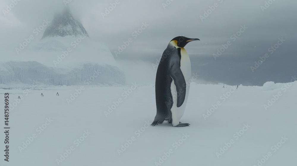 Obraz premium Emperor penguins standing still as snow gently falls, creating a peaceful winter atmosphere