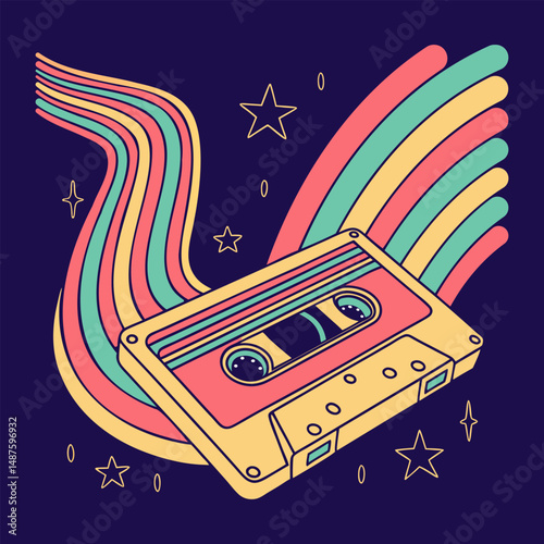 Retro Cassette Tape with Rainbow Ribbons Vector Illustration for Vintage Music Themes in Colorful Style for Nostalgic Decor