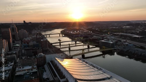 Pittsburgh City Downtown Skyline PNC PARK Summer Sunny Sunset Drone Aerial 4K photo