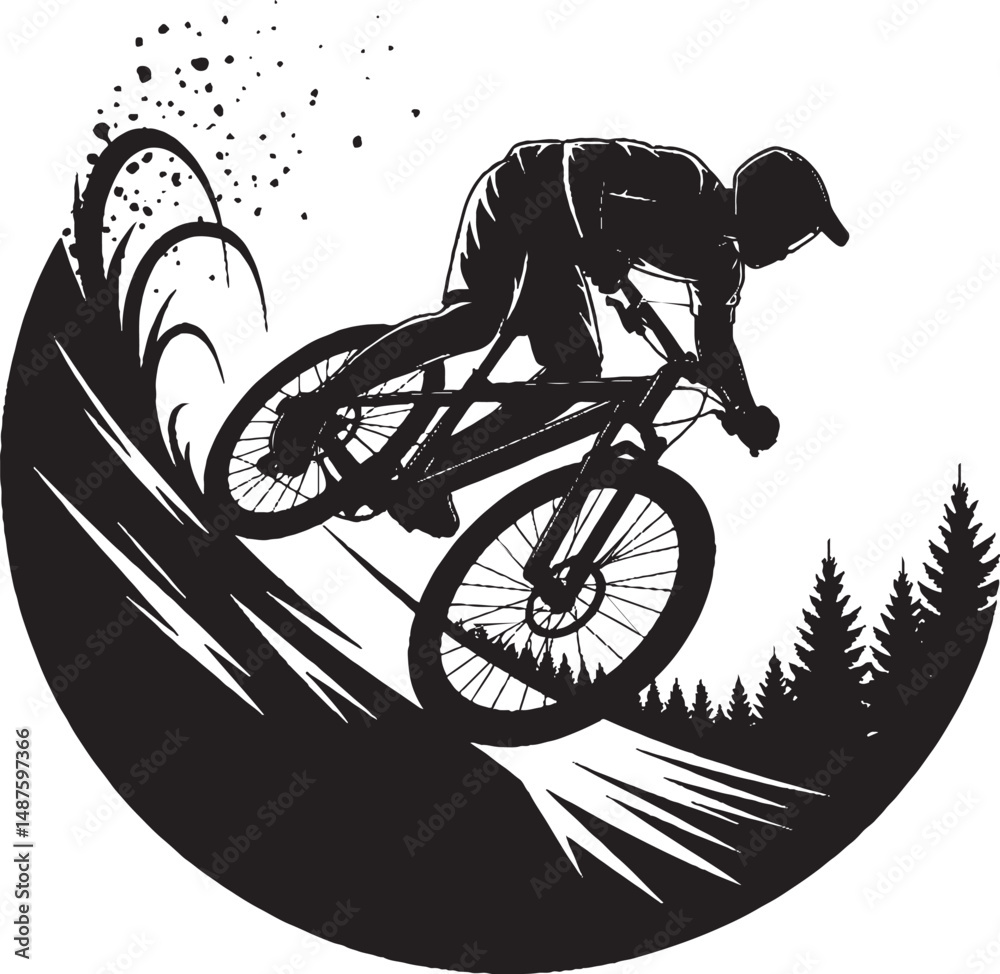 Obraz premium Silhouette of Mountain Biker on a Slope – Bold Monochrome Line Art