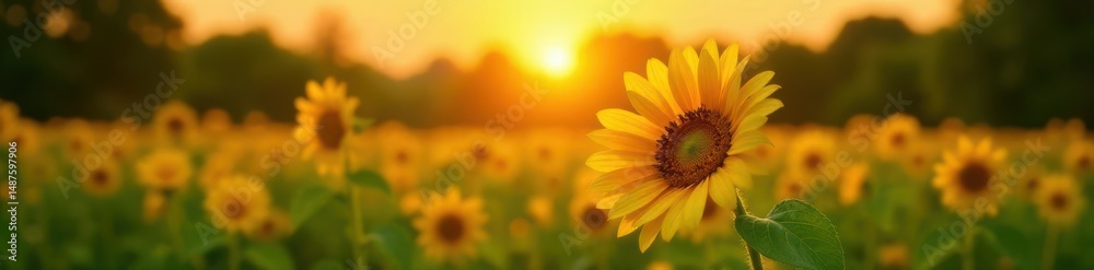 Obraz premium Single sunflower facing sunset, lush green garden, warm light, background, texture
