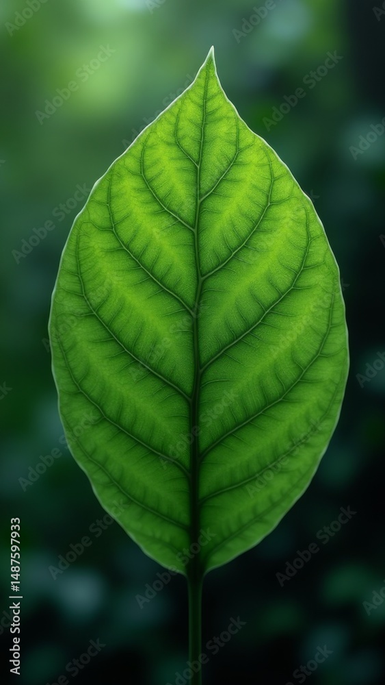 Obraz premium A single vibrant green leaf against a blurred background of foliage