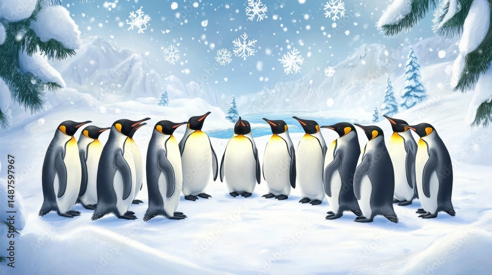 Obraz premium Group of Emperor penguins gathered in a tight circle, surrounded by snowflakes and open icy space