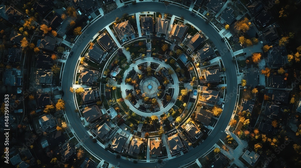 Fototapeta premium Aerial view of circular neighborhood with homes, streets, and green spaces. Represents urban planning, community design, and residential architecture concepts.