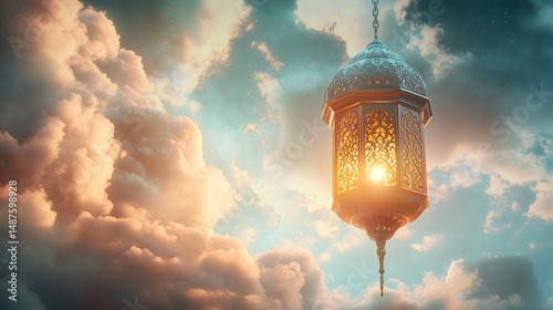 Glowing lantern floating among dreamy clouds in golden sky symbolizing light, divinity, and Islamic festivity