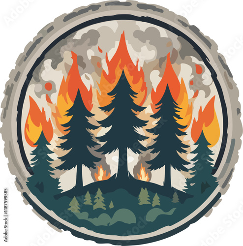 Vector Illustration of Forest Wildfire with Pine Trees and Heavy Smoke – Environmental Disaster Concept Art