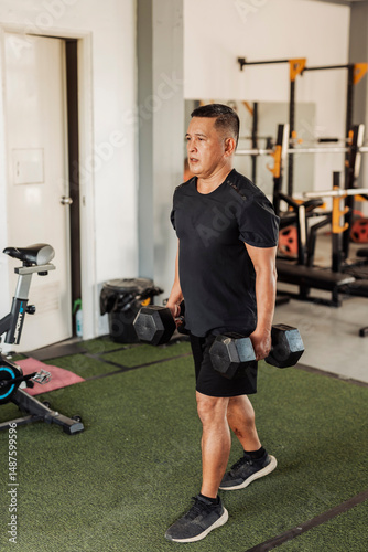 Middle-aged Southeast Asian man carries two dumbbells in a farmer’s walk for forearm or grip strength and endurance training inside open-air gym.