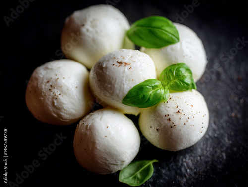 Gustosa mozzarella fresca con basilico su ardesia nera