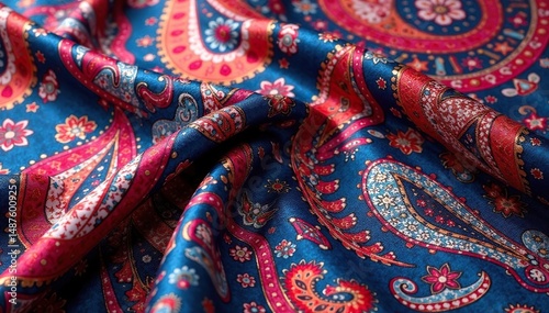 Bold paisley print on luxurious silk-like material, fold, drape, contemporary