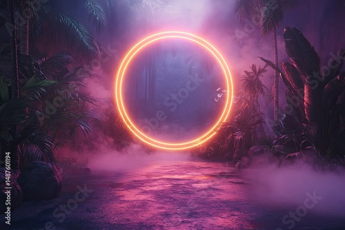 Neon circle shines in foggy tropical forest with purple and pink light. Great for a futuristic background or adding a portal effect.