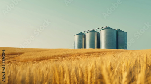 grain silos in a wheat field under clear sky. Agricultural storage and farming concept