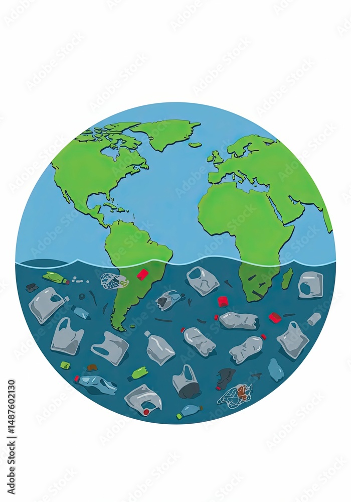 Naklejka premium Floating trash and plastic pollution contaminating the ocean around the world globe on a white background, a global crisis concept for world oceans day.