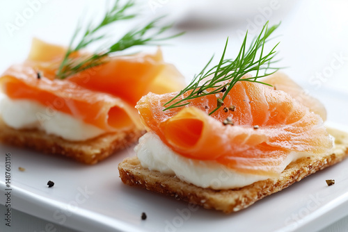 Smoked Salmon Appetizer on Crackers. Smoked salmon on crackers with cream cheese and dill. Perfect for gourmet dining or holiday platters.