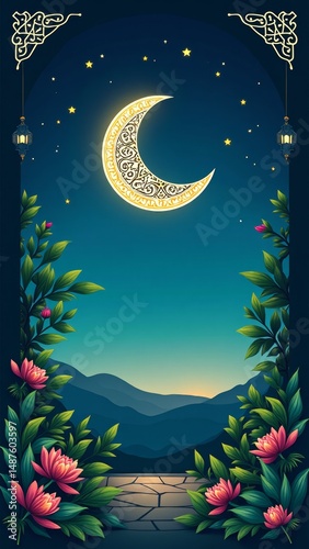 Moonlit night scene with ornate moon, starry sky, mountains, flowers, and lanterns
