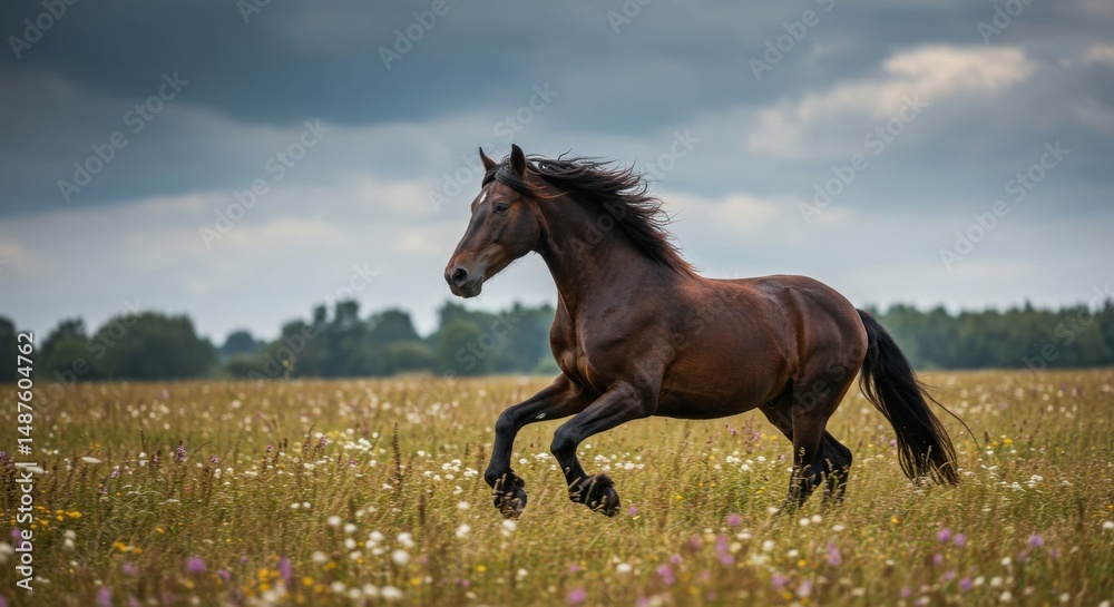 Fototapeta premium Dark horse galloping across a field of wildflowers under a cloudy sky.