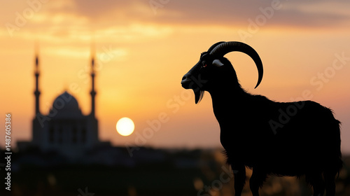 Goat silhouette against golden sunset with mosque in background symbolizing Eid al-Adha sacrifice and devotion