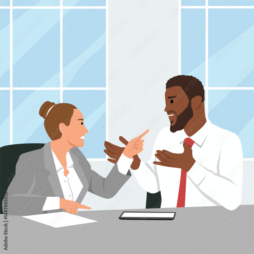 Office Disagreement During a Meeting, tense discussion unfolds between two coworkers during meeting. Flat vector illustration isolated on white background