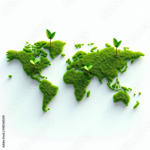 World map with green moss and small plant sprouts on top