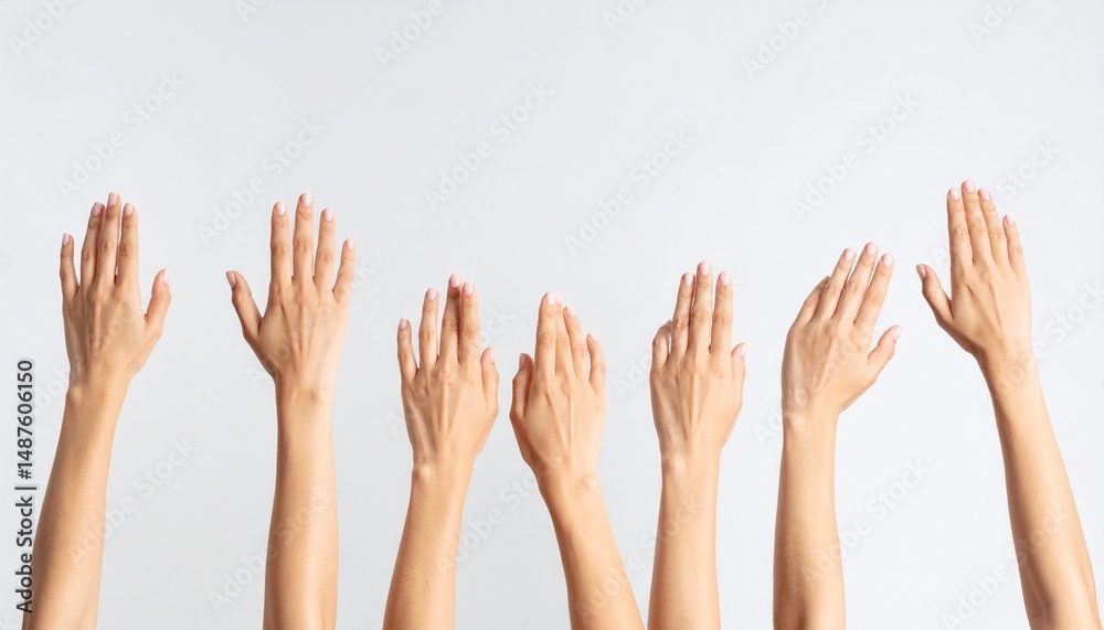 Close-up of multiple arms and hands raised up in the air against a plain white background, demonstrating a feeling of support and unity. Close-up of multiple arms and hands raised up in the air against a plain white background, demonstrating a feeling of support and unity.