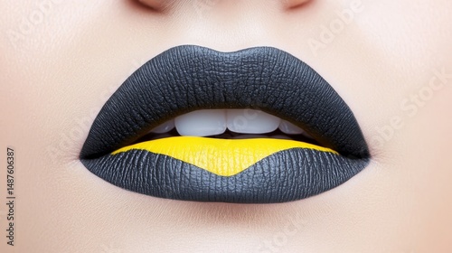 Bold Black and Yellow Lip Makeup - Close-up of stylish lips with dark gray lipstick and a vibrant yellow accent. Modern and striking makeup look