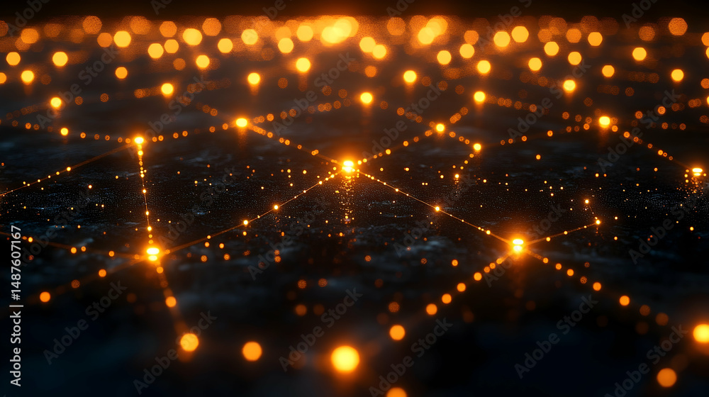 Obraz premium Dotted, glowing lights connected by fine lines create an abstract, network-like pattern against a dark background