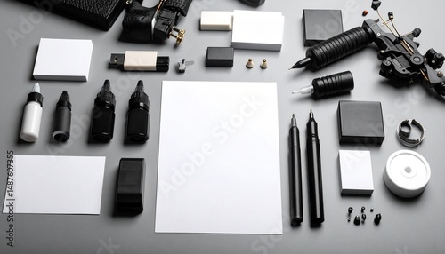 Overhead flat lay composition showcasing tattoo equipment and supplies arranged on a gray surface, blank paper for design.
