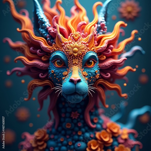 Futuristic cat with floral patterns, glowing eyes, and a blue fur body in a deep blue spacelike background