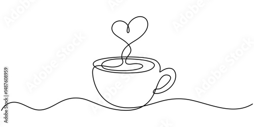 Continuous thin line coffee cup with smoke vector illustration, minimalist sketch doodle for cafe, Coffee cup continuous line sketch tea icon cafe sketch drink single art outline mug logo food. Doodle