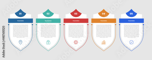 5 stage infographic diagram with creative badge shield shape with color full tip on top with 5 step for slide presentation