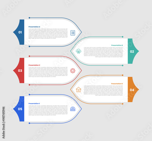 5 stage infographic diagram with creative horizontal shield badge opposite direction with 5 step for slide presentation