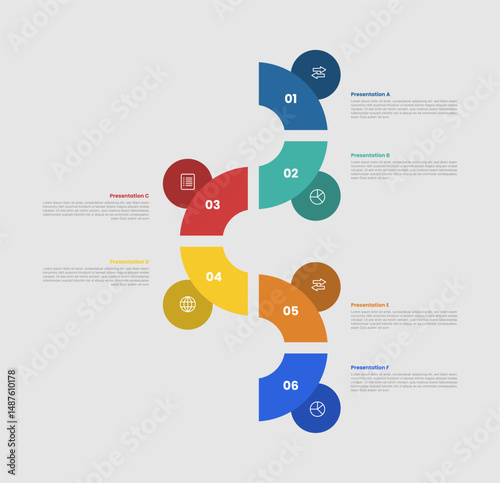 6 stage infographic diagram with vertical wave shape opposite direction with 6 step for slide presentation