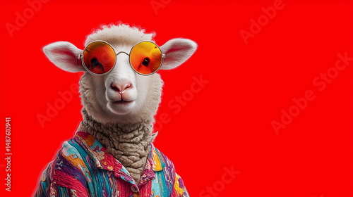Stylish sheep in festive outfit and trendy glasses posing confidently on bold red background with attitude