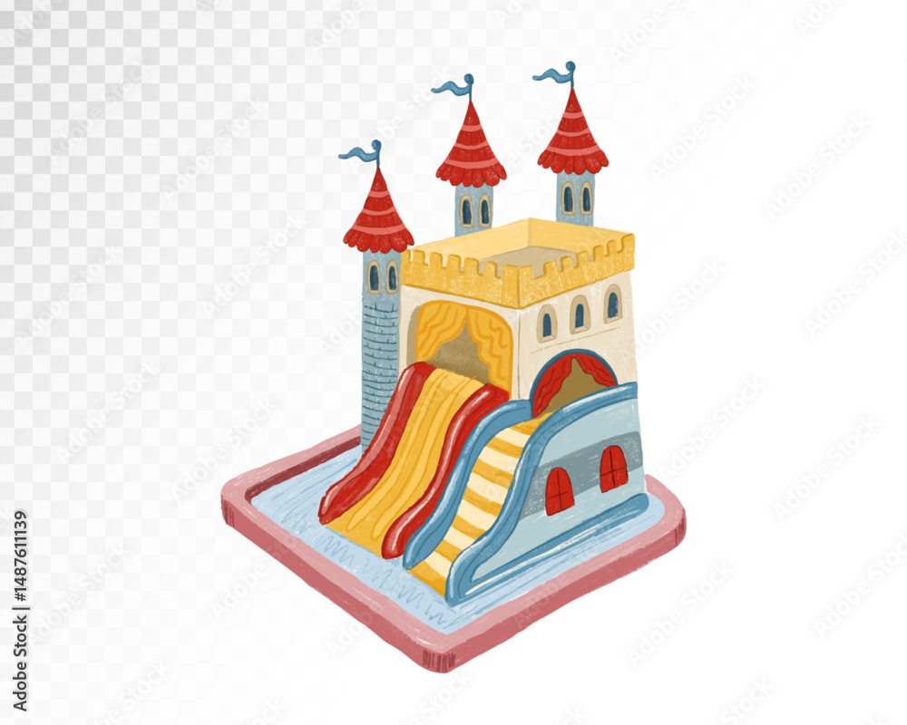 Naklejka premium Colorful Inflatable Bounce House Castle with Slide for Kids Party Fun and Outdoor Activities Perfect for Birthdays and Events