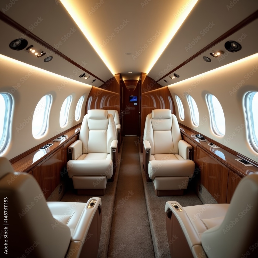 Fototapeta premium Luxurious interior of a private jet with comfortable white leather seats