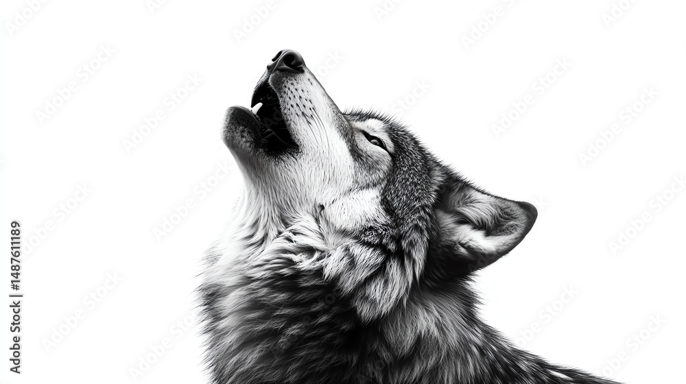 Naklejka premium A stunning black and white photograph of a wolf howling against a stark white background, capturing the essence of wildness and emotion in an elegant and powerful way.