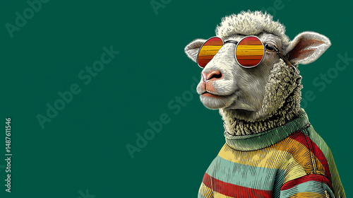 Sheep in striped sweater and round gradient sunglasses posing confidently on green background in fun artwork